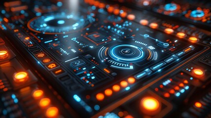 Futuristic Technology Interface: A Close-Up View of a Sleek, High-Tech Control Panel with Glowing Blue and Orange Lights