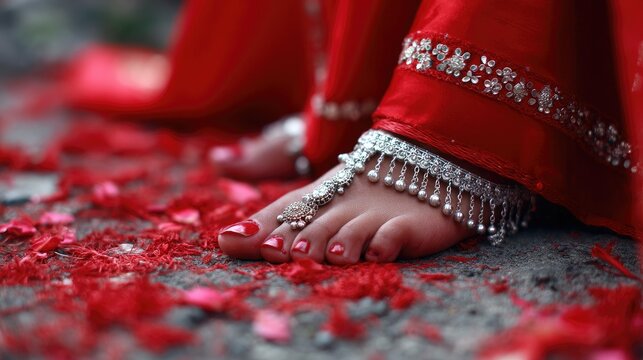 Bride's feet with silver payal anklets and toe rings against red wedding attire, symbol of tradition