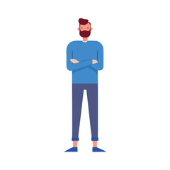 Obraz premium Graphic illustration of a smiling man with crossed arms wearing blue sweater and pants in a minimalist style