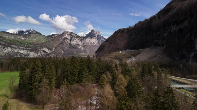 Nature outdoor landscape, forest mountains Swiss Alps aerial drone Linth river