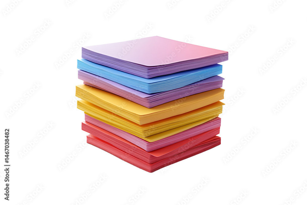 Poster tidy stack of square pastel paper sheets in rainbow colors, aligned in alternating directions, isola
