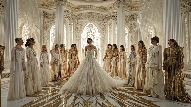 Bridal fashion show in opulent, ornate hall; bride in voluminous gown surrounded by models in flowing, gold-toned attire
