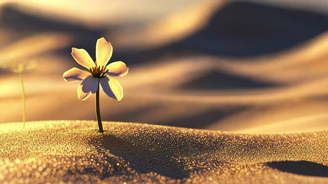 A delicate flower blooms in a vast, golden desert at sunset, showcasing resilience and life's tenacity