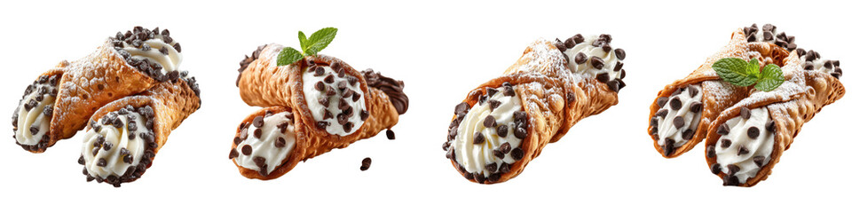 Cannoli Pastry, Crispy shell filled with sweet ricotta cream and chocolate chips, Italian Dessert, isolated on white background or PNG transparent Background