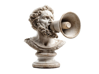 Statue of a man with a megaphone expressing strong emotions, cut out