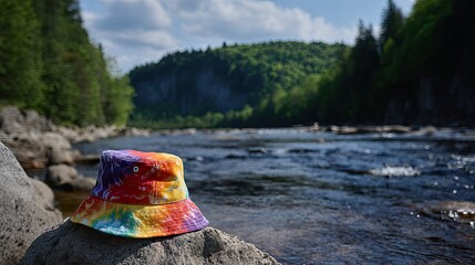 Bucket hat with tie-dye design placed on a rock during a river-side adventure
