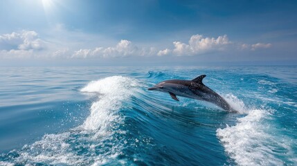 Naklejka premium Captivating shot of a striped dolphin clearing the waves under a bright sky and vibrant sea