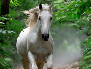 Obraz premium Majestic white horse galloping through a lush forest