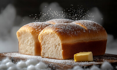 Golden Brown Bread Loaf with Powdered Sugar and Butter