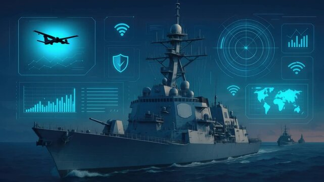 Modern naval ship navigating through digital data visualization in high-tech warfare environment at dusk