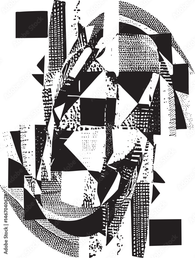 Poster A dynamic abstract composition features interconnected geometric shapes in monochrome.