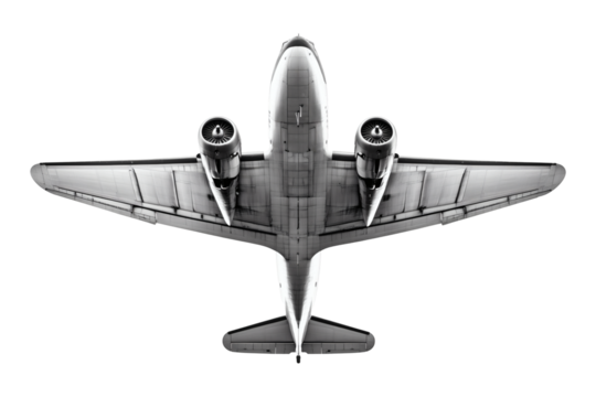 Overhead view of a commercial jet with two jet engines on transparent background