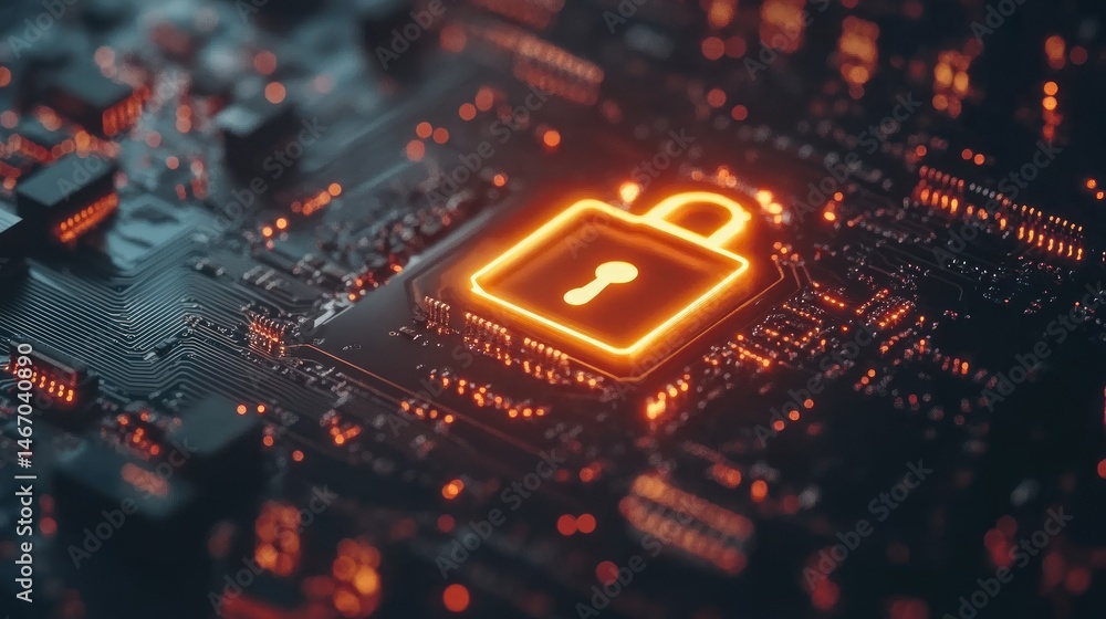 Aufkleber glowing padlock symbol on a circuit board, representing cybersecurity and data protection.