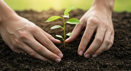 Fototapeta premium a closeup hand is planting a grown small plant and add compost around the plants