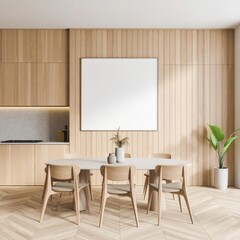 Modern kitchen interior with light wood blank wall and stylish dining area for creative desi ()jpeg