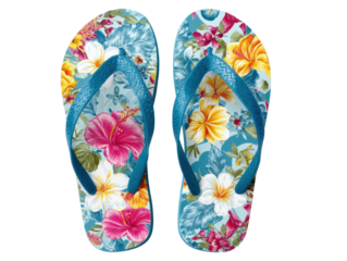 Colorful floral flip flops ready for summer fun at the beach, cut out