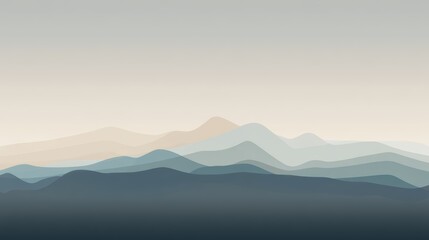 Obraz premium Serene Minimalist Mountain Range with Soft Blue-Green and Beige Gradient, Layered Peaks Nature Scene, Abstract Landscape Background.