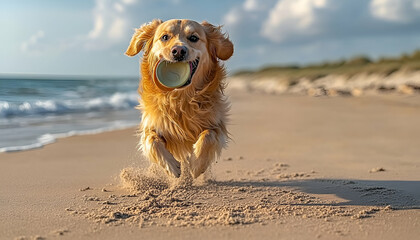 Golden Retriever Running on Sandy Beach During Sunny Day