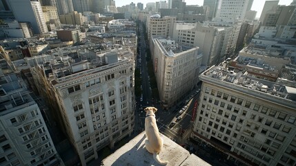 Dog sitting on rooftop of city building, breath taking view from above 