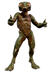 3D Rendering Green Alien on White