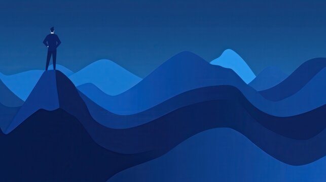 Blue toned mountains landscape with a silhouette of a man on a peak representing ambition success and vision achievement concept