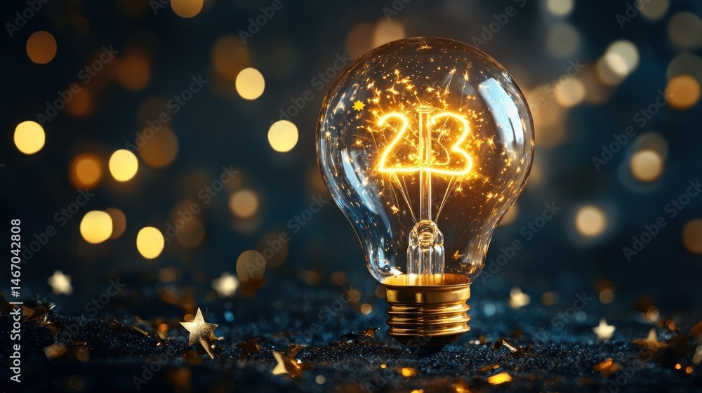Poster glowing lightbulb with 2023 inside, surrounded by sparkles and bokeh.