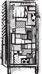 A textured vertical schematic of a complex mechanical device.