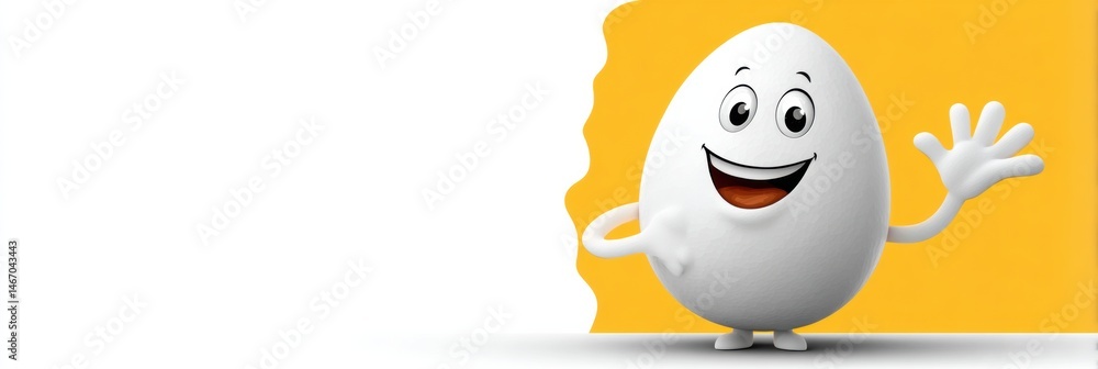 Aufkleber cartoon egg character with arms waving happily near empty label space on bright yellow background ge