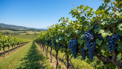 Grape Vineyard on a Sunny Day with Fruit Ready for Harvest
