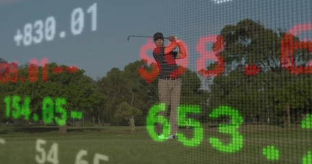 Male golfer swinging club on golf course, overlaying red green financial graphs with stock figures - Powered by Adobe
