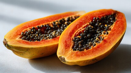 A photorealistic papaya  set against a pure white background, capturing natural light and high detail.