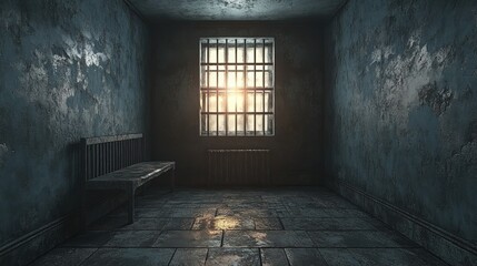 Obraz premium Dimly lit, aged prison cell with barred window