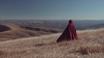 Cloaked figure on a grassy hill overlooking distant landscape