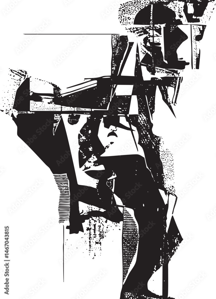 Poster a solitary figure stands in a stark angular composition.