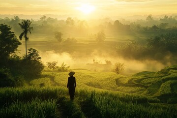 Sunrise view of a solitary figure on terraced rice paddies.