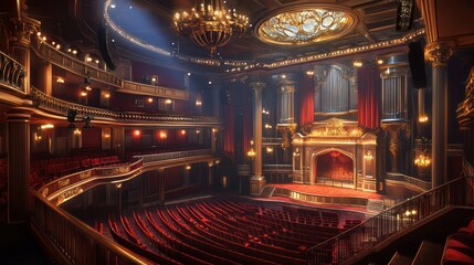 Obraz premium Grand Theater Interior, Empty Seats, Ornate Decoration, Suitable for Event Planning
