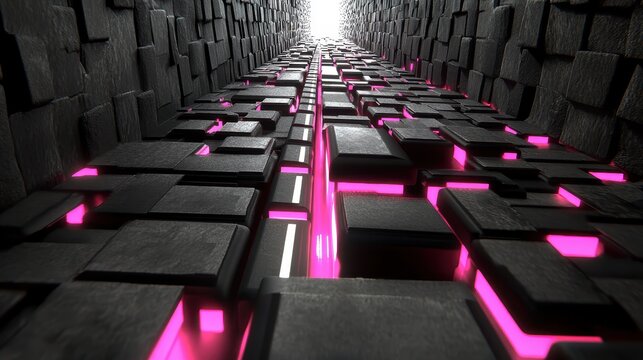 Abstract cubic neon hallway with futuristic glowing pink light emanating from beneath the geometric surface a digital dark architecture