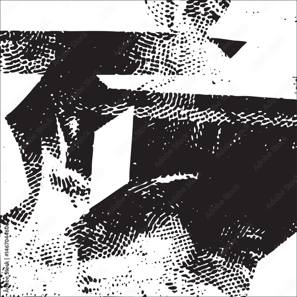Poster a stark angular geometric form dominates the with sharp edges and a textured surface.