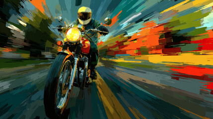 A stylish illustration of a motorcyclist in motion on a classic motorcycle, vibrant and full of speed. © Guaripuna