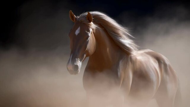 Palomino Horse Running Through Dust Cloud at Sunset: Majestic Equine Galloping in Slow Motion