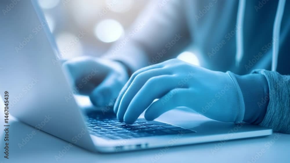 Poster Cyber Security Operations: A close-up shot of hands typing on a laptop keyboard, evoking themes of data protection and online safety in a digital environment.