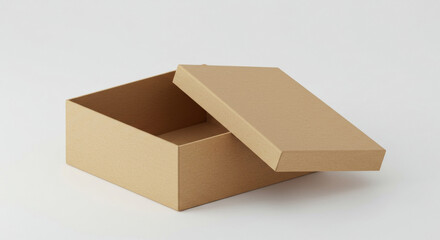 Empty open cardboard box on a white background. Empty box with open lid displays neutral color and simple design, perfect for showcasing products or packaging.