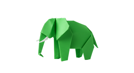 Green origami elephant paper craft animal art design illustration geometric shape isolated black background on transparent background