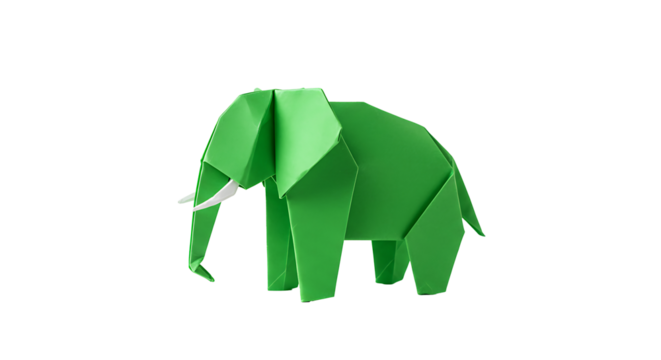 Green origami elephant paper craft animal art design illustration geometric shape isolated black background on transparent background