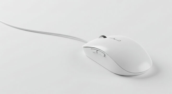 White computer mouse on plain white surface. Modern, sleek design with simple, clean lines. Professional, unbranded mouse ready for advertising or editorial use.
