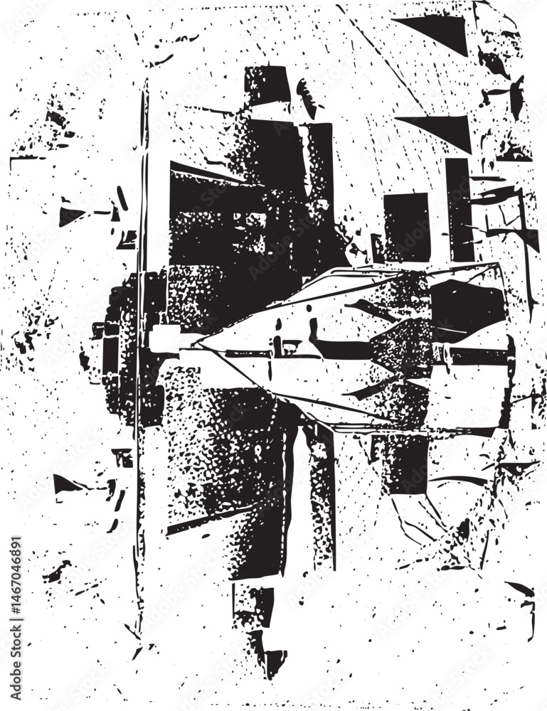 Poster a fragmented geometric dominates the with sharp angles and overlapping shapes.