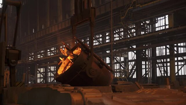 Molten metal pouring from a giant ladle in a steel mill. Stock clip