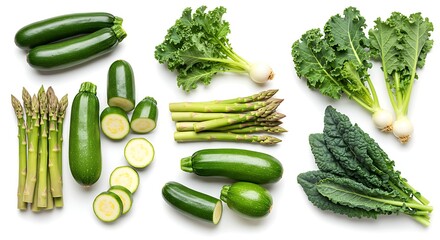 Fresh green vegetables zucchini asparagus kale healthy food diet nutrition raw vegan organic produce still life on transparent background