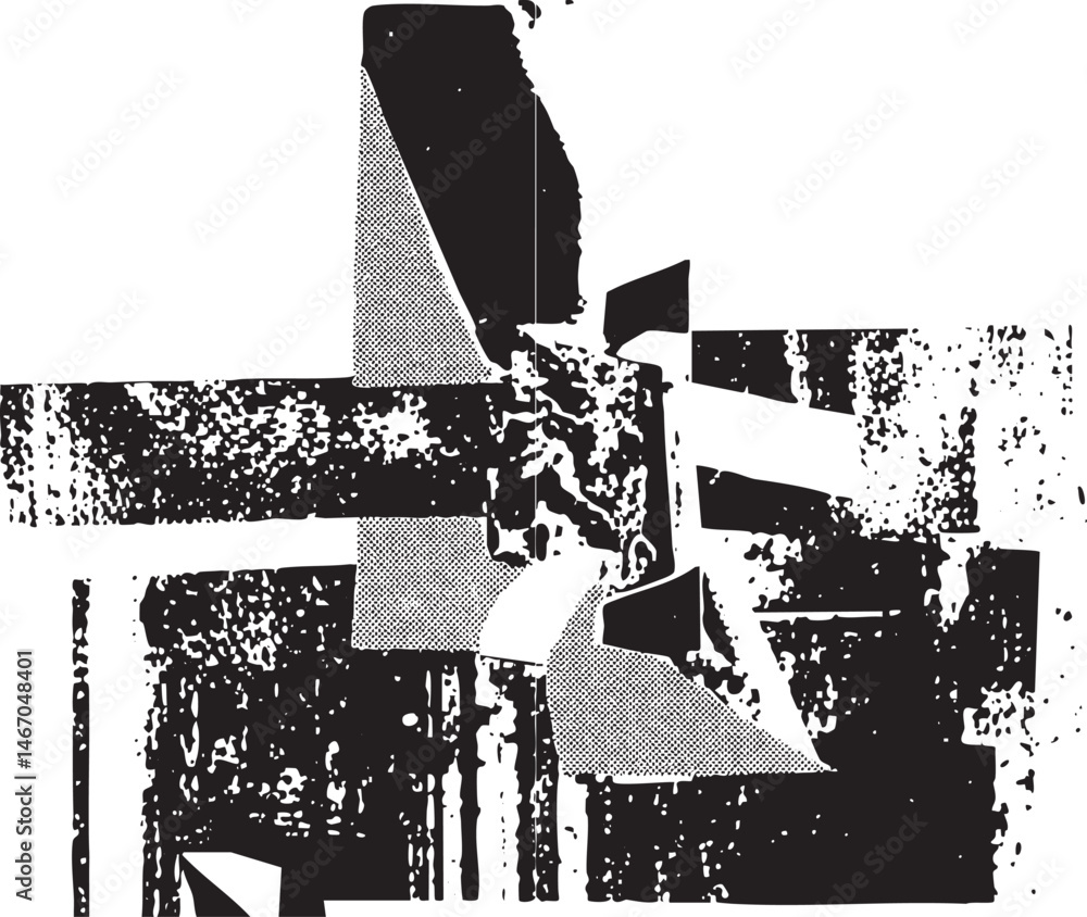 Poster geometric shapes overlap and intersect on a black and white background.