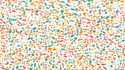 Scattered array of pharmaceutical pills on a transparent background — ideal for overlays, design elements, or concepts related to medicine, health, and synthetic treatments.